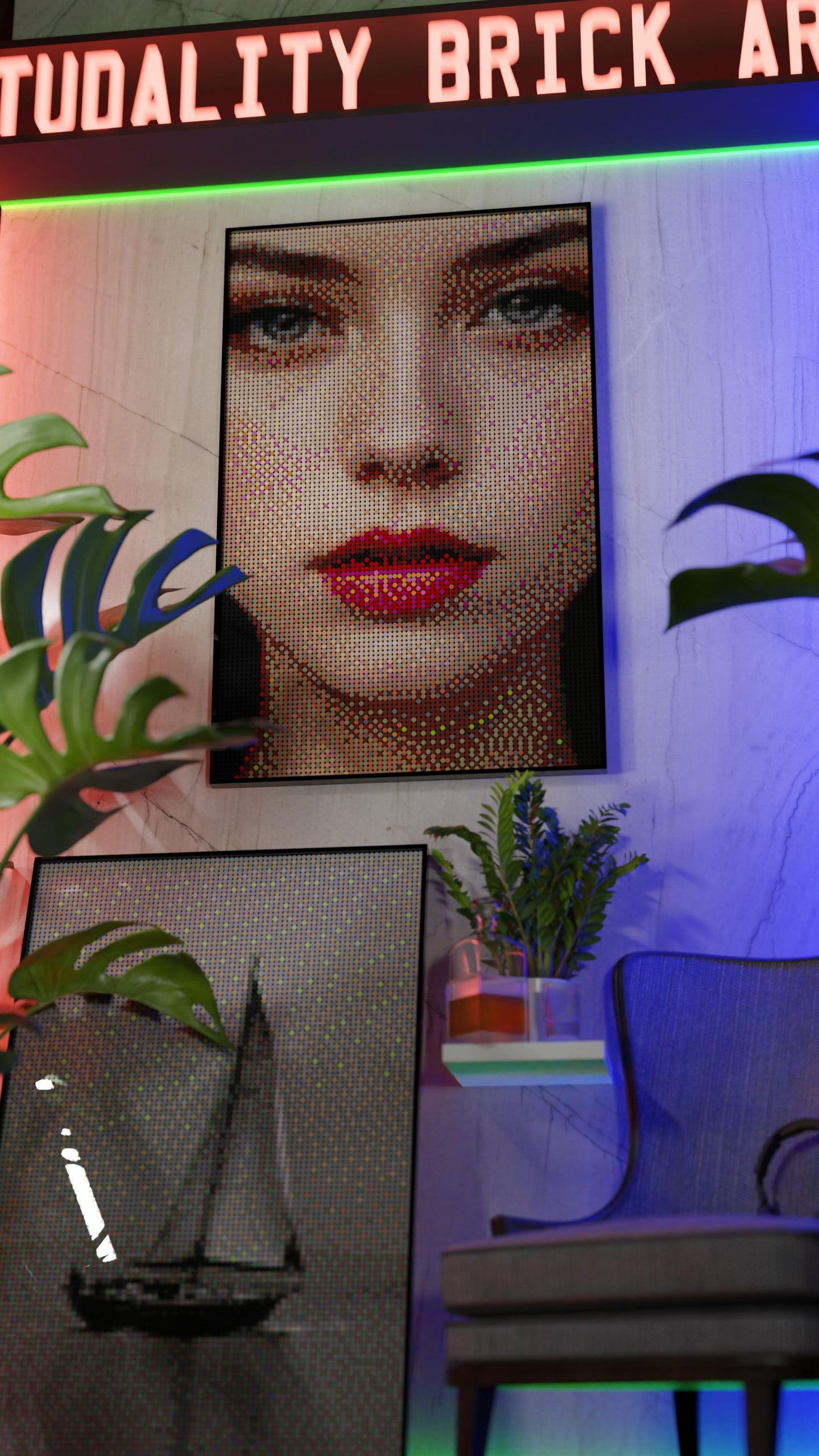 The Alluring Stare LEGO® Style mosaic wall art made from colorful plastic bricks